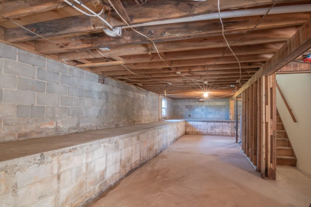 Lower level with exposed beams and concrete walls