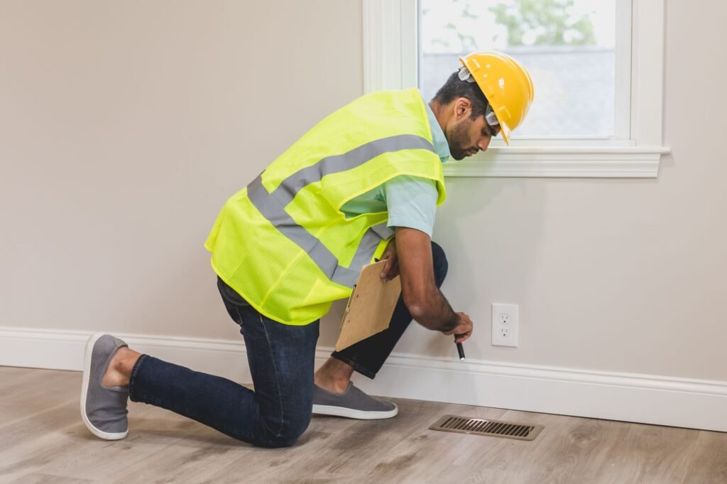 Technician inspecting a vent during a rodent inspection